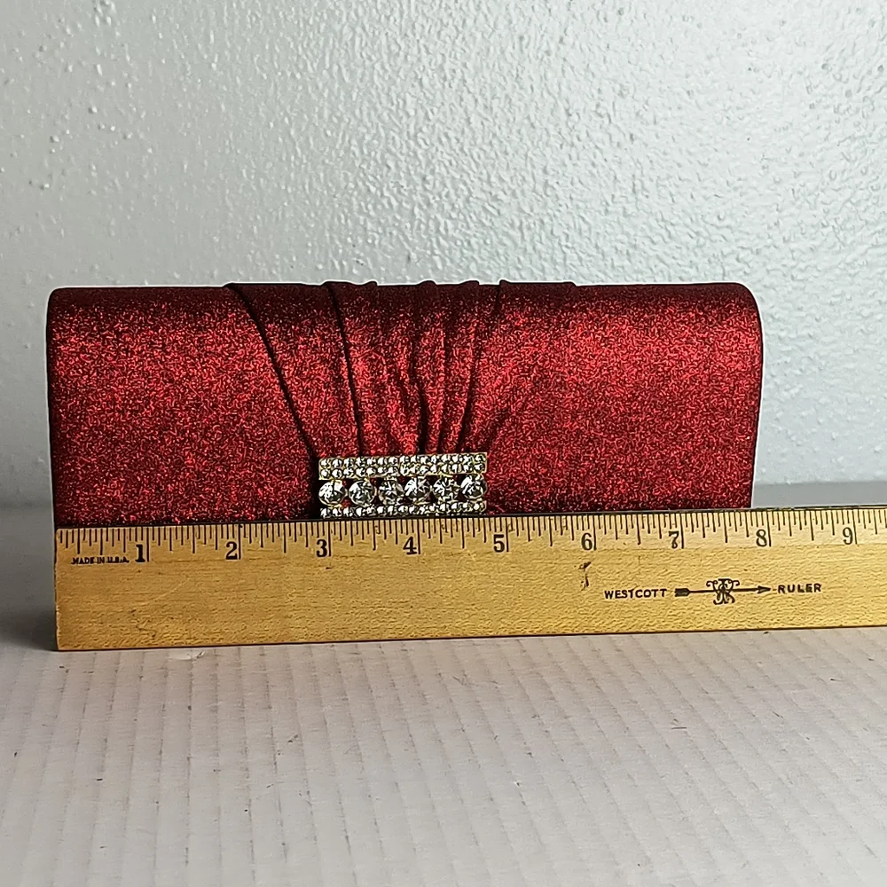 Shimmer Red Vampire Satin Evening Clutch Bag Snap Closure Glitter Red Rhinestone